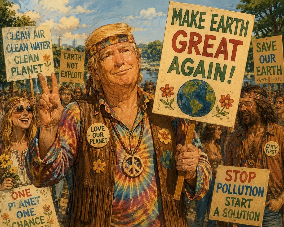 Donald Trump imagined as a pro-environment protester