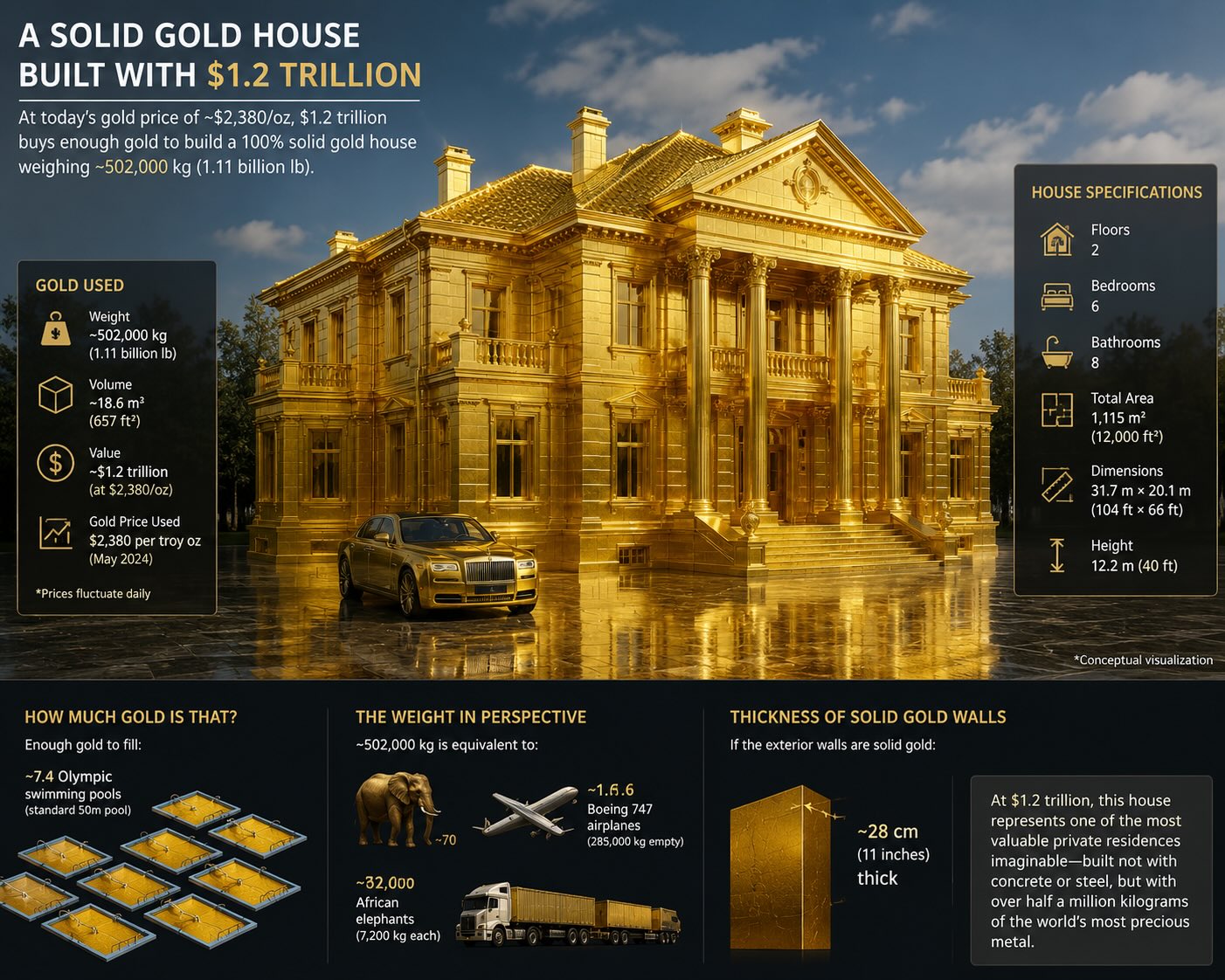 Illustration of a substantial mansion made entirely of solid gold