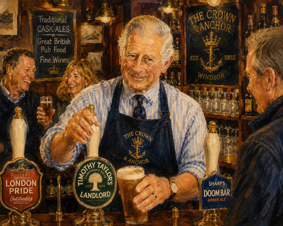 King Charles imagined as a bartender in a British pub