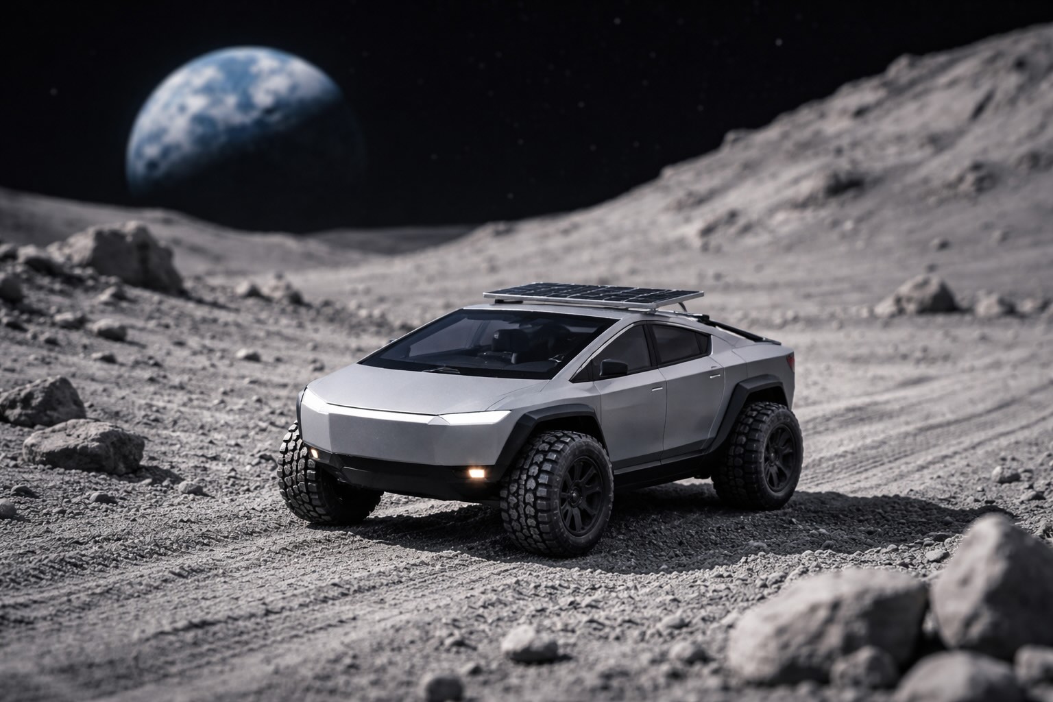 A lunar rover or moon truck concept on a dusty surface